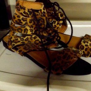 LADIES, SIZE 8, LACE UP, ANIMAL PRINT SANDALS